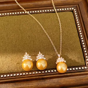 Parure Bijoux Collier Et Boucles d'Oreilles en Cuivre Plaqué Or Perle Artificielle Zirconia Tige Argent Sterling 925 Femme