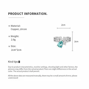 Spécifications détaillées de la bague ouverte triple couche en zircon bleu.