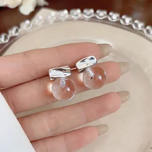 Modern minimalist silver needle stud earrings with clear round resin beads for women