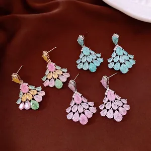 Vintage 14K Gold Plated Zirconia Teardrop Dangle Earrings For Women Luxury Evening Party Jewelry With 925 Sterling Silver Post