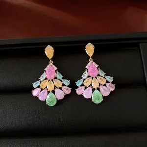 Elegant 14K gold plated silver pin earrings with colorful teardrop zircon gems