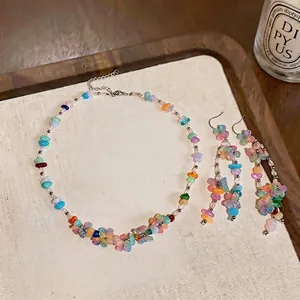 Colorful resin flower beaded necklace and earrings set in vibrant dopamine style