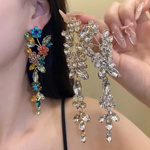 Exquisite Copper Rhinestone Flower Tassel Earrings For Women Silver Earring Post Elegant Long Drop Floral Earrings Fashion Jewelry