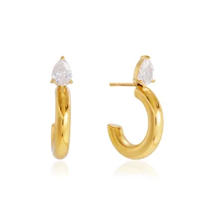 Gold-plated titanium steel C-shaped stud earrings with pear-cut zircon accents