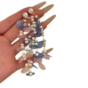 Elegant beach vacation fringe earrings with pearls and colorful acrylic petals