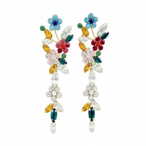 Multicolor crystal flower tassel earrings with silver needle, elegant floral dangle jewelry