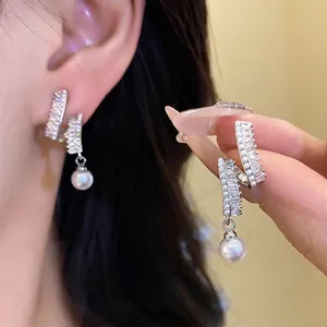 Elegant Round Artificial Pearl Stud Earrings With Silver Earring Post Rhinestone Inlaid Geometric Dangle Earrings For Women Jewelry