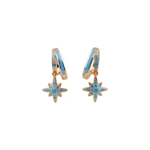Elegant rose gold double-layer starburst hoop earrings with blue zirconia stones for women.
