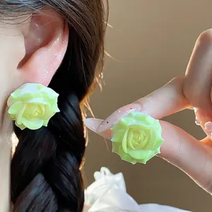 Sweet Resin Rose Flower Stud Earrings for Women with Silver Earring Post Elegant Green Floral Earrings Jewelry