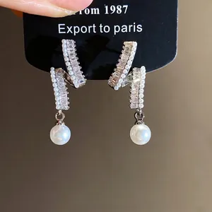 Elegant S925 silver needle earrings with cubic zirconia and round pearl drops