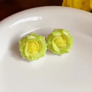Elegant light green resin rose flower stud earrings with S925 silver needles for women