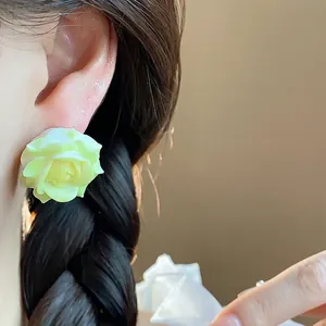 Elegant light green resin rose stud earrings with silver pins for women stylish jewelry