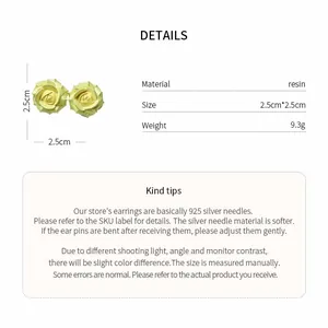 Detailed material size and weight parameters of resin rose stud earrings with silver needles