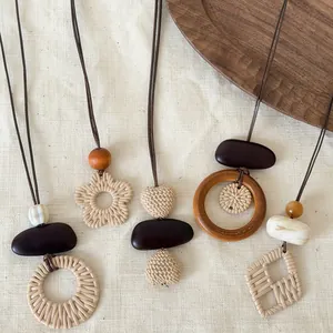 Bohemian handmade woven necklaces with rattan and wood beads for seaside vacation