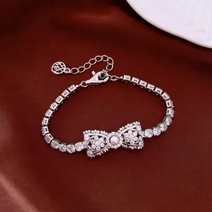 Vintage Bow Pearl Zirconia Bracelet For Women Elegant Copper Silver Plated Exquisite Fashion Adjustable Hand Jewelry