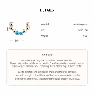 Close-up of geometric multi-bead stud earring with detailed size and material specs