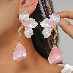 Western Vacation Style Enamel Flower Petal Stud Earrings With Steel Earring Post Contrast Color Artistic Women Jewelry