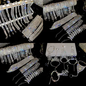 Pulsera de Cadena de Mano de Cobre de Lujo para Mujer Pulsera de Cristal Brillante con Anillo Joyería de Boda Regalo