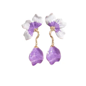 Elegant purple and white drip oil flower drop earrings with golden stems for women