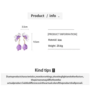 Detailed size and material info for purple floral drop earrings with dimensions