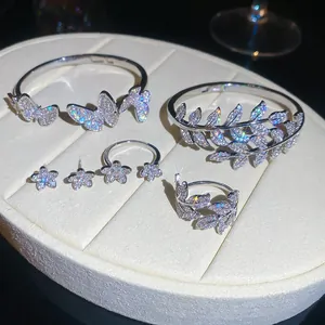 Luxury Zirconia Butterfly Leaf Jewelry Set Copper Silver Plated Adjustable Open Bangle Flower Ring Stud Earrings For Women