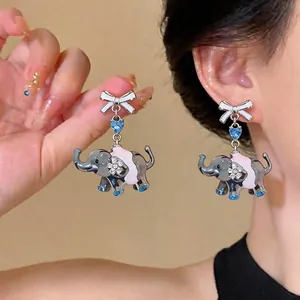 Cute Cartoon Elephant Stud Earrings With Pink Bowknot Blue Heart Zirconia Resin Animal Earrings 925 Sterling Silver Post Jewelry