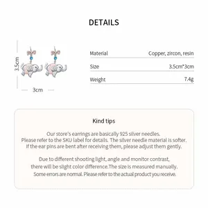 Detailed product specifications of cartoon elephant earrings with material and size info
