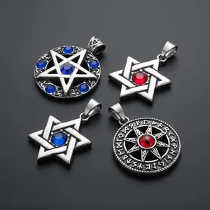 Viking Rune Sun Pendant Hexagram Pentagram Stainless Steel Men Retro Rhinestone Inlaid Jewelry Charm No Chain