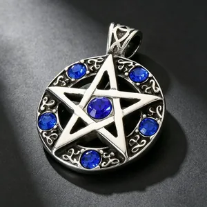 Vintage stainless steel pentagram pendant with blue crystals for men's necklace