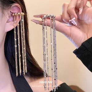 Einfache Westliche Mode Kupfer Lange Quaste Ohrclips Geometrische Metallperlen Hängeohrringe Für Damen Ohne Piercing Schmuck