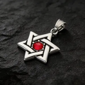 Vintage stainless steel hexagram pendant with a central red rhinestone for men.