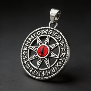 Vintage Viking Rune Sun Wheel Pendant in Oxidized Stainless Steel with Red Eye Inlay