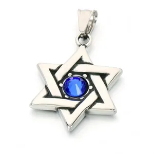 Vintage stainless steel hexagram pendant with a sparkling central blue gemstone for men