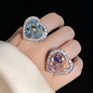 Elegant heart-shaped zircon halo open ring with micro-pave crystals on hand
