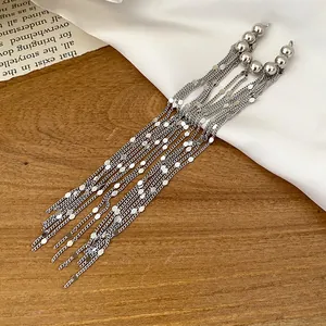 Detailansicht langer silberner Quasten-Ohrclips mit Metallperlen und Ketten.