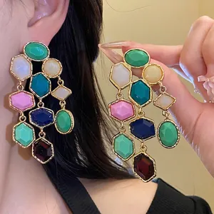Vintage Resin Tassel Drop Earrings With Silver Earring Post For Women Colorful Geometric Dangle Earrings Jewelry Gift