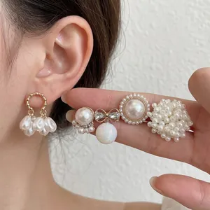 French Style Elegant Artificial Pearl Bow Stud Earrings Set For Women 925 Sterling Silver Post Rhinestone Flower Cluster Jewelry
