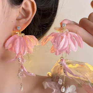 Korean Style Fabric Flower Tassel Earrings For Women Vacation Resort Artificial Pearl Rhinestone Drop Earrings With Silver Post