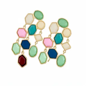 Vintage multi-color geometric resin stone dangle earrings with elegant gold-tone metal frames