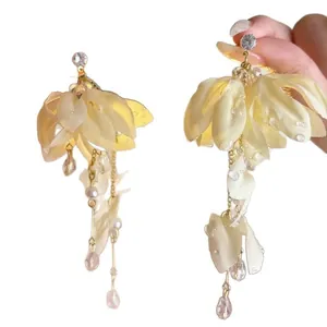 Elegant fabric flower tassel earrings with pearls and crystal drops in soft yellow