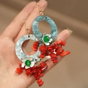 Western Bohemian Geometric Round Resin Flower Earrings Red Coral Tassel Drop Ear Hooks Commuting Jewelry For Women