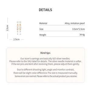 Detailed specifications of flower cluster bow earrings with material and size info