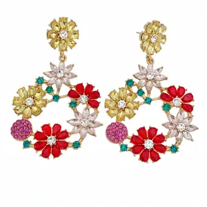 Exquisite vintage style floral wreath drop earrings with colorful rhinestones on gold base