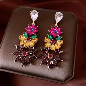 Vintage Copper Rhinestone Flower Tassel Stud Earrings With Silver Earring Post Luxurious Palace Style Drop Earrings For Women Wedding Party Jewelry