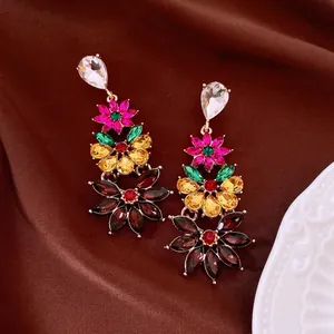 Vintage crystal flower drop earrings with multi-colored gemstones in gold setting
