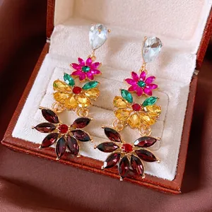 Vintage colorful floral drop earrings with rhinestones in luxury jewelry box