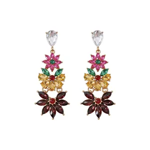 Vintage-style colorful rhinestone floral tassel earrings with S925 silver needles