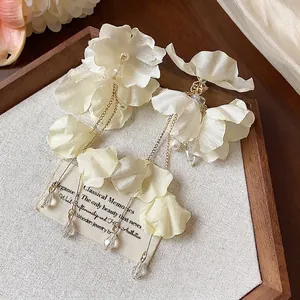 Elegant fabric flower tassel earrings with pearls and crystal drops
