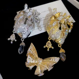 Luxury vintage anatomical heart and butterfly brooches with sparkling crystals and pearls