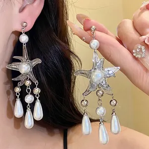 Orecchini Pendenti Stella Marina e Perla Artificiale Rame Placcato Argento Orecchini Frangia Goccia d'Acqua con Perno in Argento Per Donna